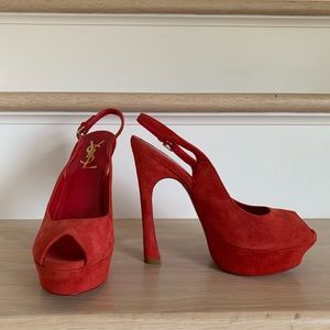 YSL Red Suede Monochromatic Platform Peep Toe